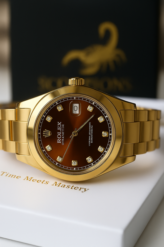 Gold Rolex watch on a white surface with 'Time Meets Mastery' text