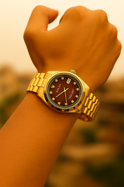 Gold wristwatch with a brown dial on a wrist against a blurred background