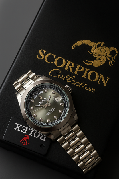 Rolex watch with 'Scorpion Collection' branding on a black background