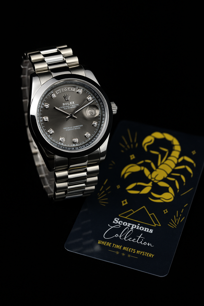 Silver watch with black dial on a black background, featuring a scorpion design card.